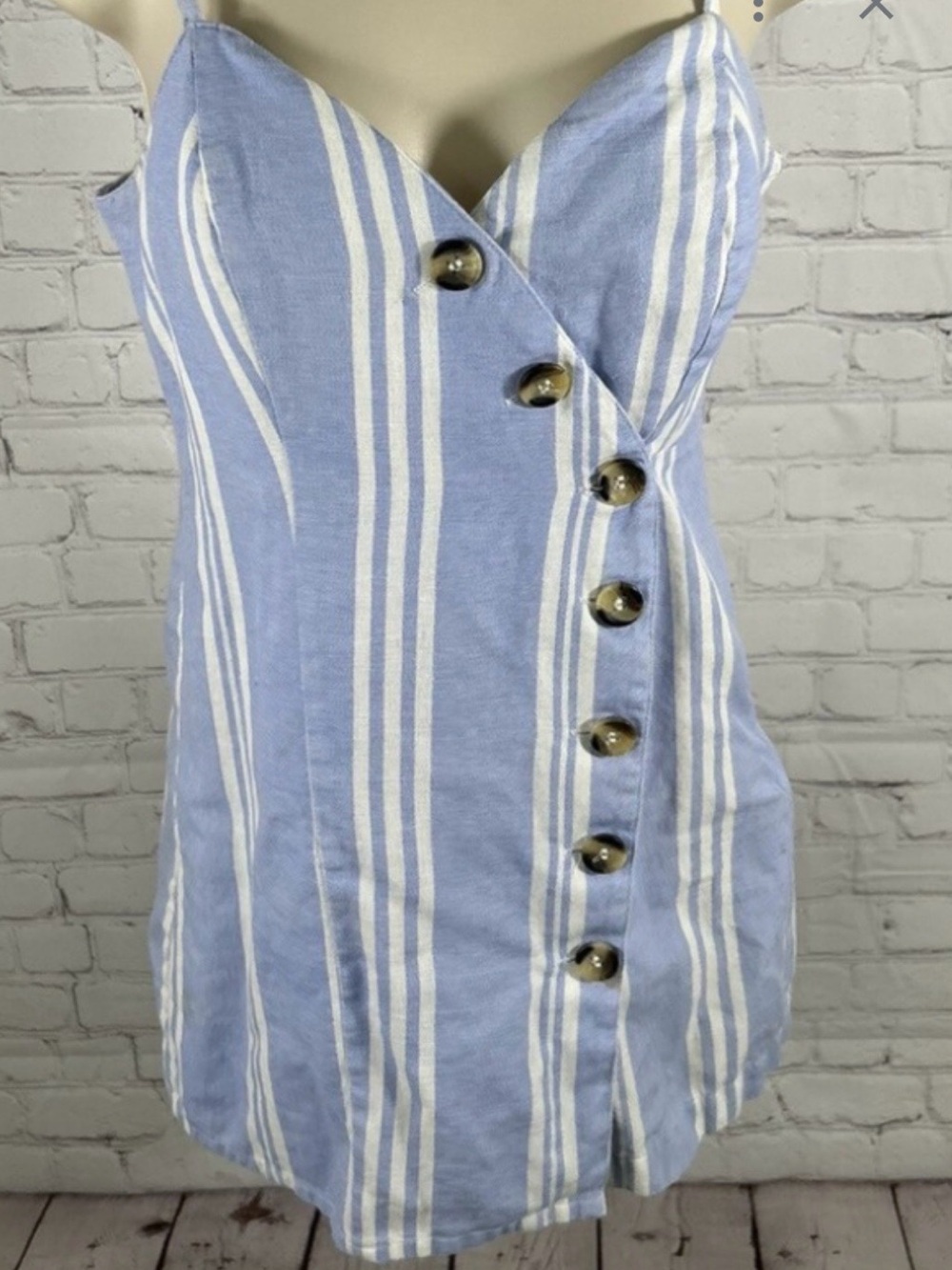 Blue & White Striped Button-Front Mini Dress / Romper - Size Small